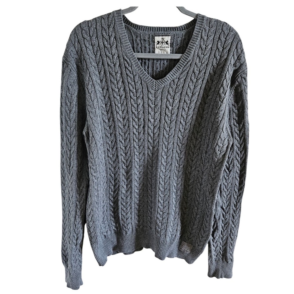 Express Vintage Women XL Gray Cable Knit V-Neck Sweater 100% Cotton Long Sleeve